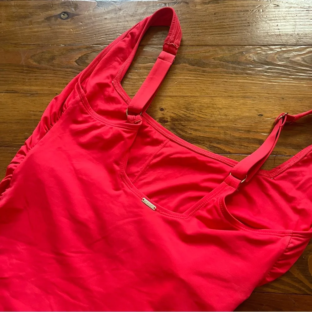Anne Cole Ruched One-Piece‎ Swimsuit in Red Square Neckline Adjustable Small